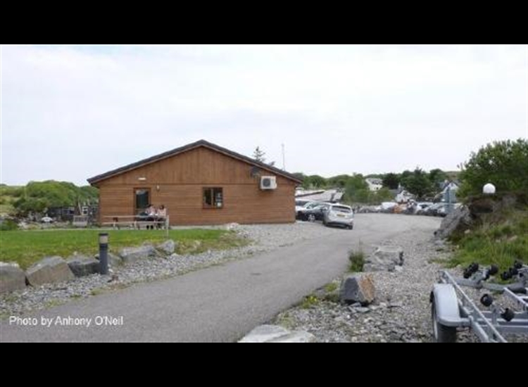 Arisaig Marine ammenities building. The track coming in from the bottom left is from the pontoon.
