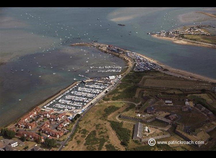 Southsea Marina looking ENE over the entrance to Langstone Harbour, with Eastney lake on the left