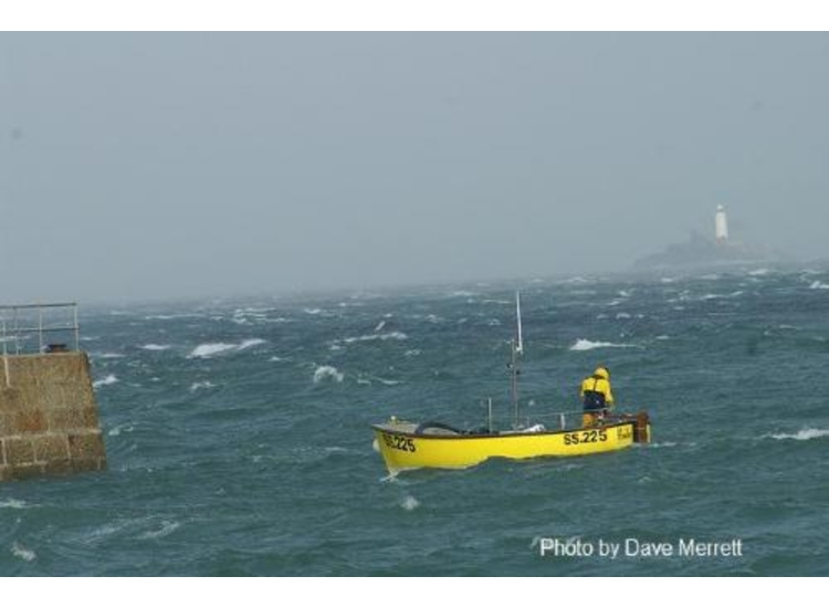 St Ives Bay looking towards Godrevy Island in a NE blow