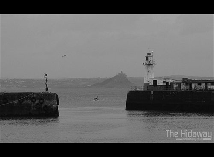Looking out of Newlyn harbour towards St Michael's Mount